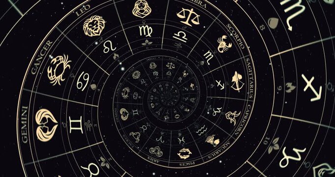 Zodiac Wheel Spiral With Astrological Signs and Horoscope Symbols in Dark Mystic Design