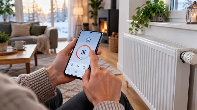 Person controlling home heating with a smartphone in a cozy winter interior, showing digital temperature management, radiator operation, energy saving and smart home technology.