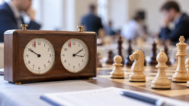 Wooden chess clock and pieces on table during chess tournament. Players competing in background of indoor sports hall. Strategy game and mind sport competition concept.