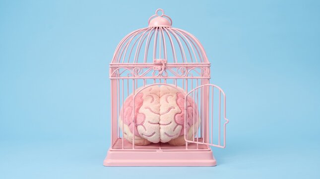 Plush pink brain toy inside an open decorative birdcage on a blue background symbolizes the concept of trapped thoughts or restricted creativity in a playful pop-art style.