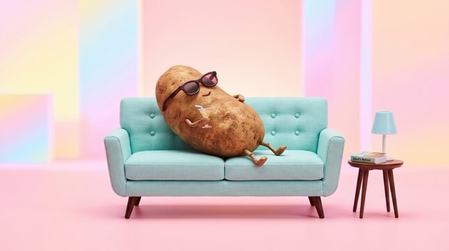 A funny potato character wearing sunglasses relaxes on a miniature turquoise sofa while holding a cocktail, creating a playful pop-art concept against a soft pastel gradient background.