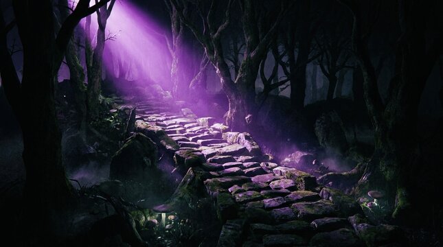 A mystical stone path leading through a dark forest illuminated by glowing purple light and magical atmosphere