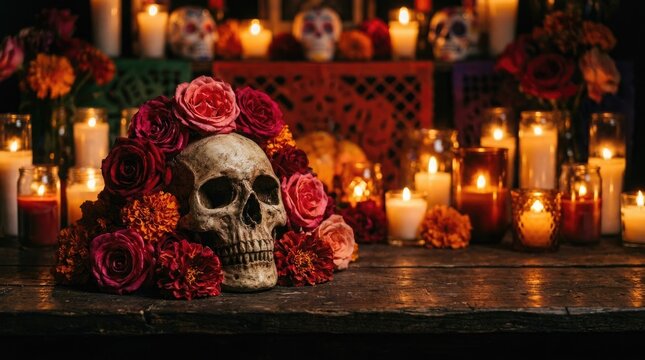 Traditional mexican day of the dead altar featuring a decorated human skull surrounded by flowers and glowing candles