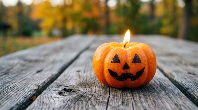 A small glowing jack o lantern pumpkin candle sitting on a rustic wooden table during autumn season