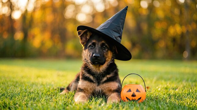 Adorable german shepherd puppy wearing a witch hat sitting on the grass with a small pumpkin bucket