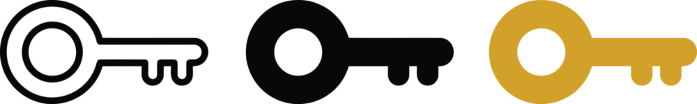 Three key icons for security and access, featuring a black outline, a solid black silhouette, and a solid gold on white background