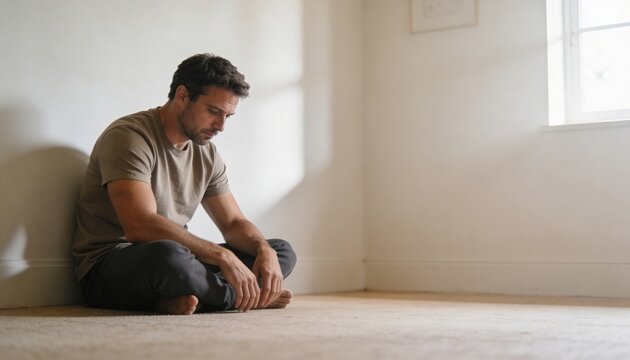 A man in his thirties sits on the floor with his back against a plain wall arms resting loosely on his knees and gaze directed downward in soft diffused daylight inside a simple uncluttered room