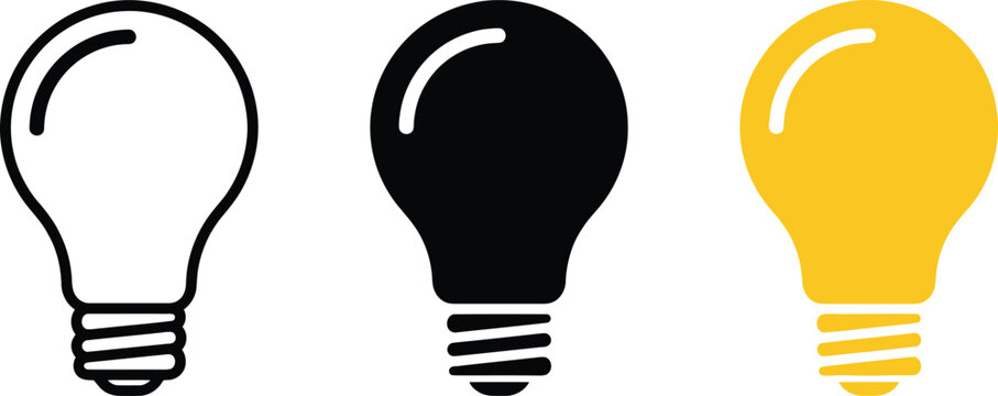 Three light bulb idea icons in outline, solid black, and solid yellow styles for innovation, creativity, and energy web interface