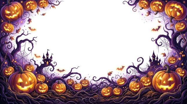 Spooky halloween background with jackolanterns bats and silhouetted trees for festive designs