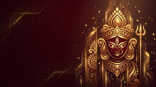 Golden durga puja goddess face illustration on dark background