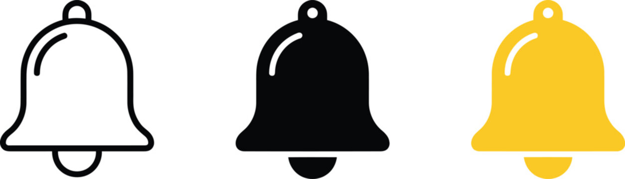 Three notification bell icons in outline, solid black, and solid yellow styles for alerts, reminders, and web interface communication functions
