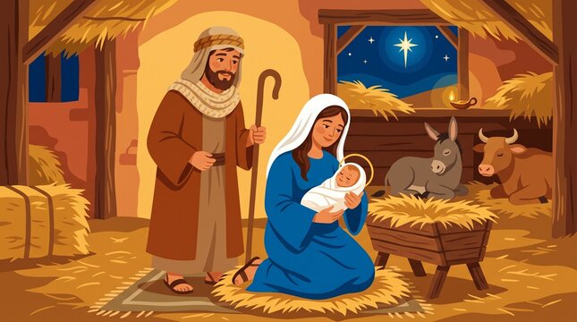 Nativity scene illustration of Mary and Joseph adoring baby Jesus in stable with animals