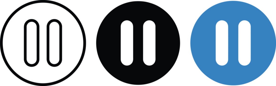 Three pause button icons in a row, featuring a black outline, a solid black circle, and a solid blue circle with pause bars on white