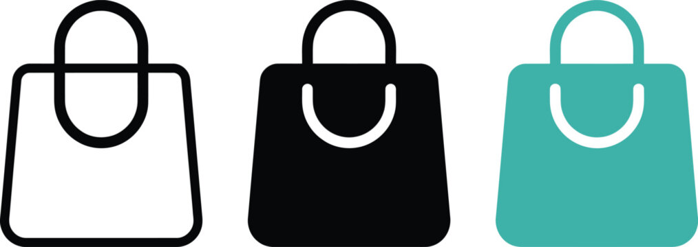 Three shopping bag icons displayed horizontally, featuring a black outline, a solid black silhouette, and a solid teal bag on white background