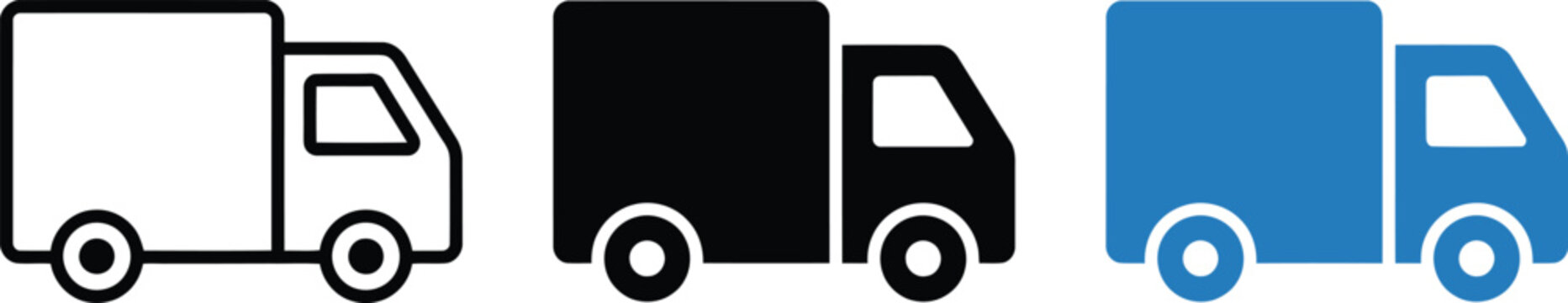 Three variations of a delivery truck icon, including a black outline version, a solid black filled version, and a solid blue filled version