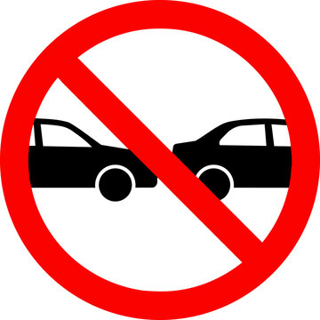 Prohibited tailgating road sign vector. No following too closely warning symbol. Red circle with car silhouettes and diagonal slash. ,Clean grouped each Icon