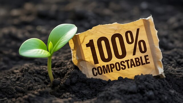 A small green plant seedling sprouting from dark soil next to a torn piece of paper with the text 100% compostable, focusing on ecological awareness