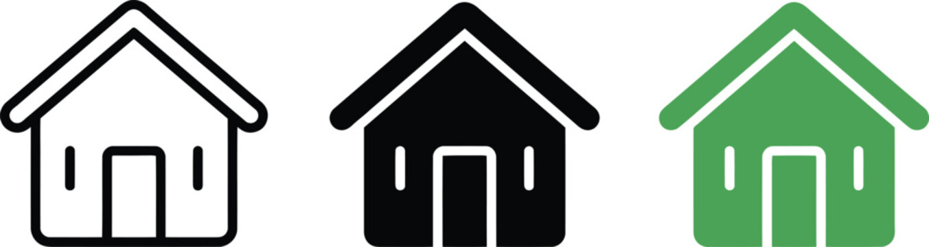 Three variations of a house building icon, including a black outline version, a solid black filled version, and a solid green filled version