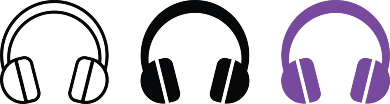 Three variations of a headphone audio icon, including a black outline version, a solid black filled version, and a solid purple filled version