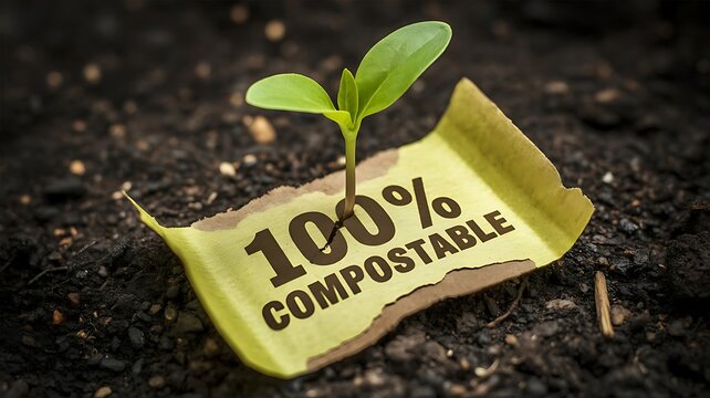 A small green seedling growing from dark soil next to a torn piece of paper labeled 100% compostable, symbolizing environmental sustainability and