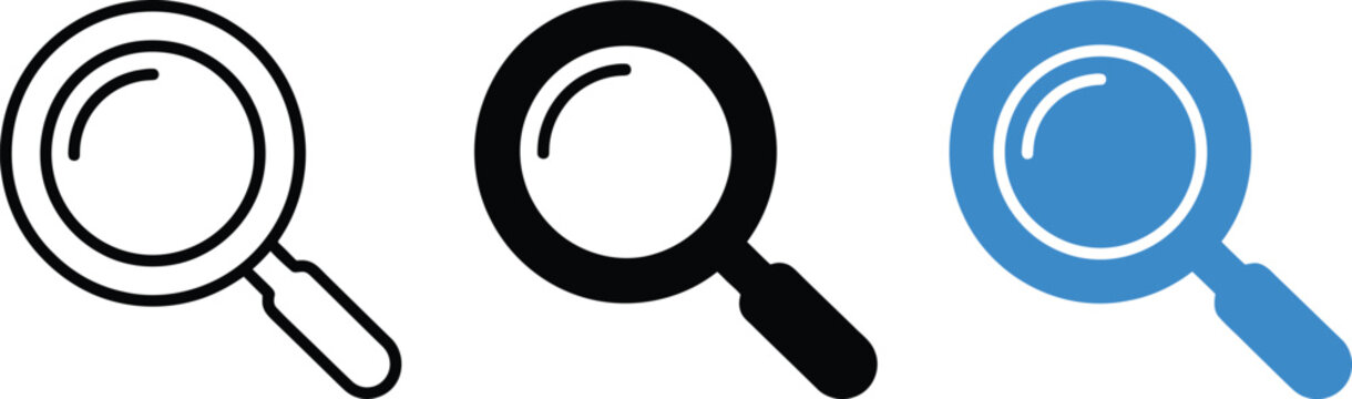 Three variations of a magnifying glass search icon, including a black outline, a solid black filled shape, and a solid blue filled icon set