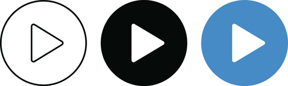 Three variations of a play button icon, including a black outline, a solid black filled shape, and a solid blue filled circle icon set