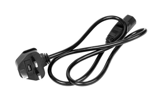 Black power cable with plug isolated on white background for electrical connection and energy concept