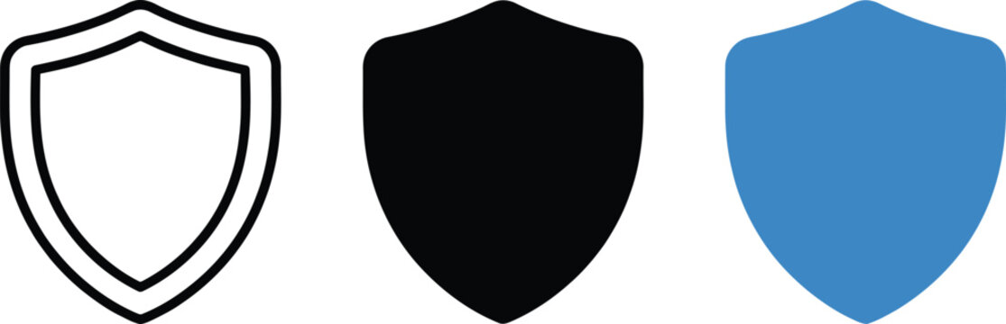 Three variations of a shield protection icon, including a black outline version, a solid black filled version, and a solid blue filled version