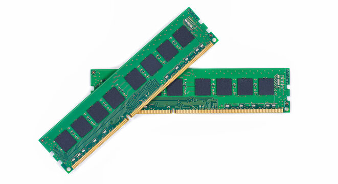 Two green computer memory modules isolated on white background for RAM hardware and technology concept