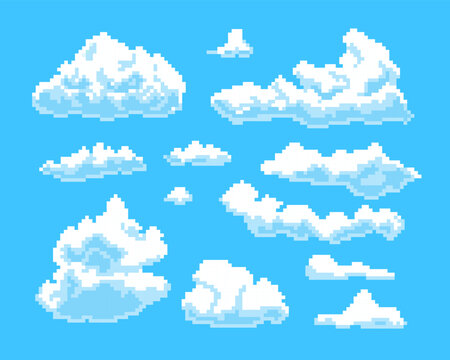 Cartoon Color Pixelated 8 Bit Different Types Clouds on a Sky Set. Vector illustration of Fluffy Cloud Pixel Art