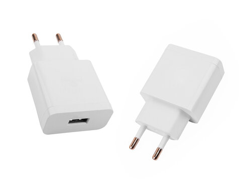 White USB power adapter charger isolated on white background for electronic device charging accessory