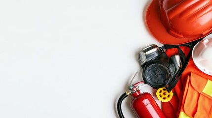 Obraz premium Fire safety equipment spread on white, banner art