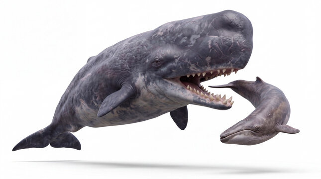 Photorealistic Livyatan melvillei biting a juvenile Cetotherium, isolated on white background, showing detailed anatomy and scientifically accurate paleontological reconstruction.