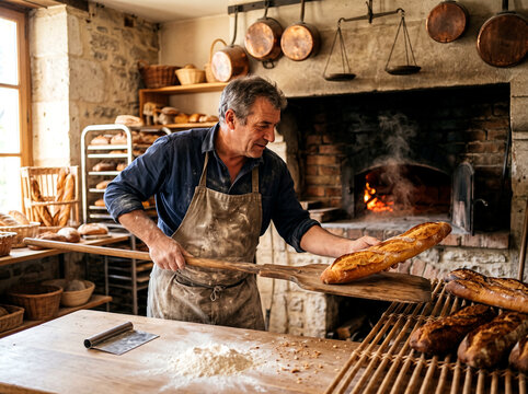 French baker baguette stone oven boulangerie Provins morning stock