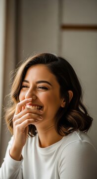 Young woman laughing softly while covering part of her face with her hand in warm dim lighting, natural candid lifestyle portrait concept photography concept