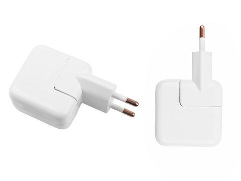 White power adapter charger isolated on white background for electronic device charging and technology accessory