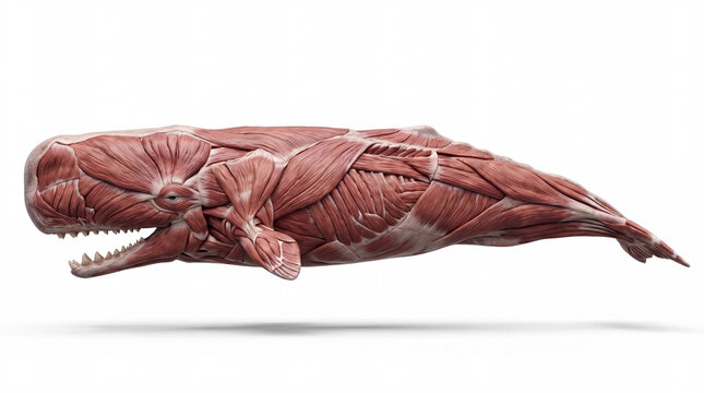 Photorealistic muscular reconstruction of Livyatan melvillei, isolated on white background, showing detailed musculature and scientifically accurate anatomy.