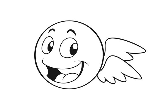 Happy Flying Angel Emoji Icon Vector Illustration. Cute Smiling Cartoon Emoticon With Wing And Big Eyes Isolated On White Background. Cheerful Expression Symbol For Chat, App, Or Design.