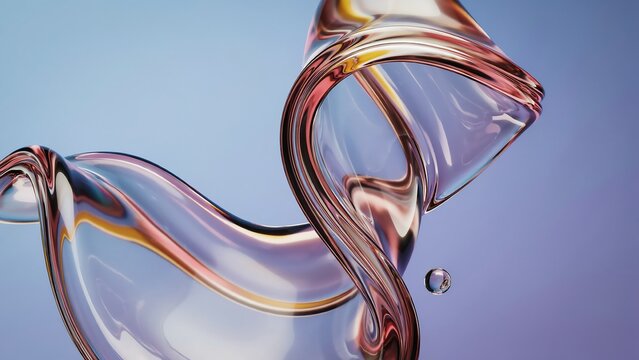 Abstract 3D render of a swirling transparent glass ribbon with pink and yellow highlights and a small floating orb on a soft blue background