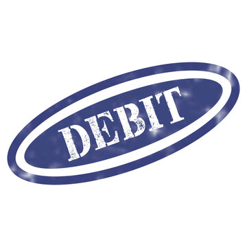 Blue oval button icon with the text debit written in white bold letters for banking and finance applications