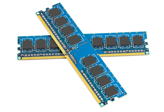 Three blue computer memory modules isolated on white background for RAM hardware and technology concept