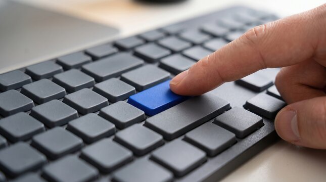Close up of a male finger pressing a prominent blue key on a modern black computer keyboard