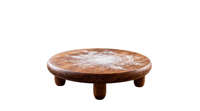 Rustic wooden pedestal with flour dust, round timber cake stand for bakery display, handcrafted wood riser for food photography isolated PNG with Transparent Background