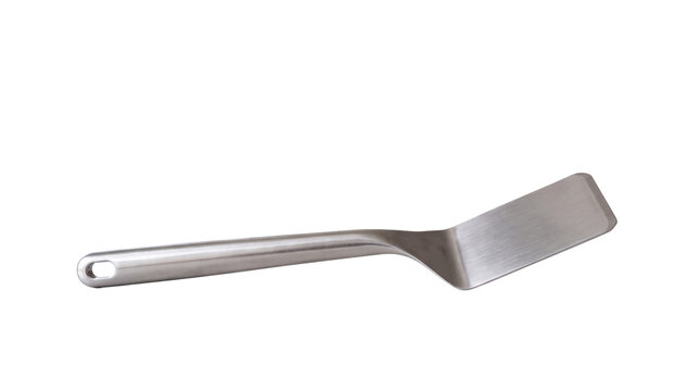 Stainless steel kitchen spatula, professional metal offset turner for cooking, durable silver culinary tool for flipping and serving food isolated PNG with Transparent Background