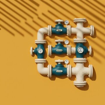 Pipe network concept with valves gauges and fluid control system