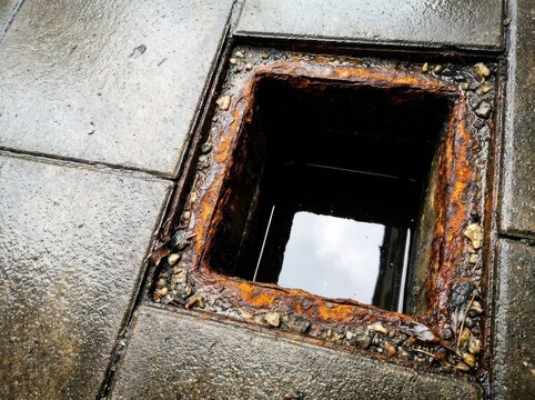 Rusted drain opening in concrete pavement with water reflection