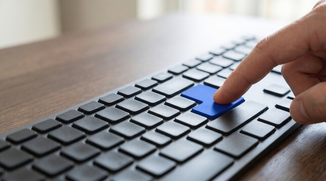 close up of a finger pressing a highlighted blue arrow key on a computer keyboard