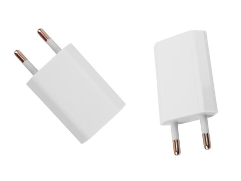 White USB power adapter charger on white background for electronic device charging accessory