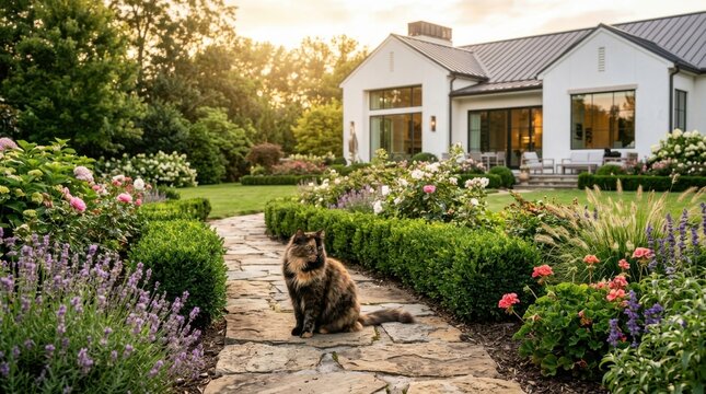 Cute dog sitting on garden path near modern house