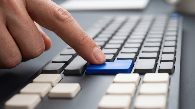 a finger presses a blue key on a computer keyboard representing selection